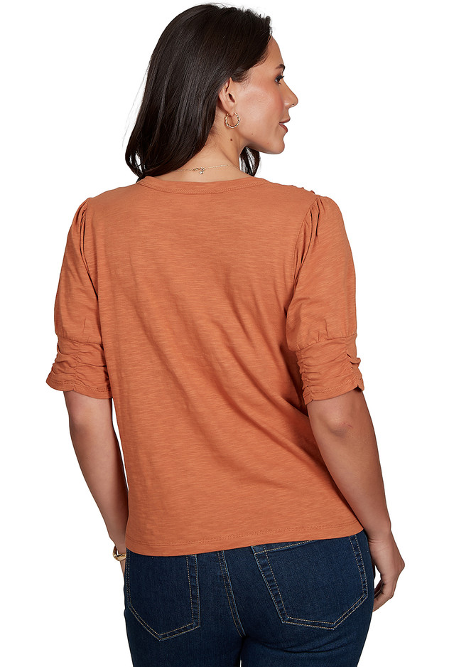 TOP *MISSY* AMBER BROWN ELB SLV VNK W/SMOCKING