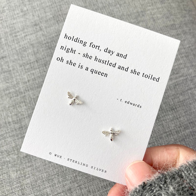 Silver Queen Bee Earrings With Haiku Poem