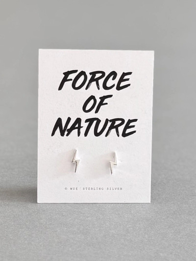 Sterling silver lightning bolt earrings on a 'Force Of Nature' message card.
