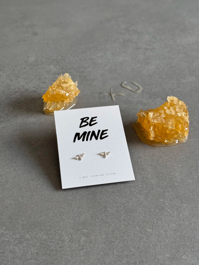 Sterling silver bee earrings on a 'Be Mine' message card. Sterling silver bee earrings on a 'Be Mine' message card.