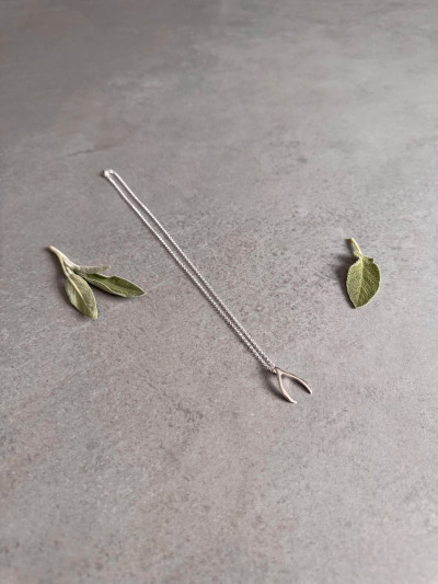 Sterling silver wishbone necklace. The image shows the necklace between sage leaves.