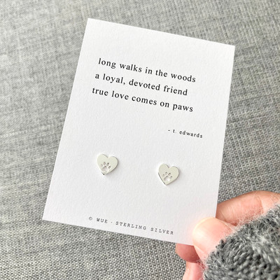 Silver Paw Heart Earrings With Haiku Poem Silver Paw Heart Earrings With Haiku Poem