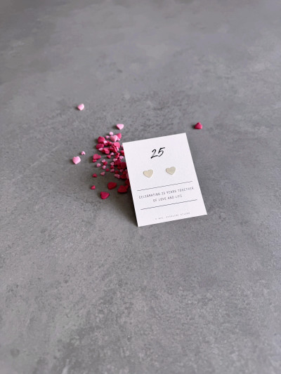 Sterling silver heart earrings on a '25th Anniversary' message card. Sterling silver heart earrings on a '25th Anniversary' message card.
