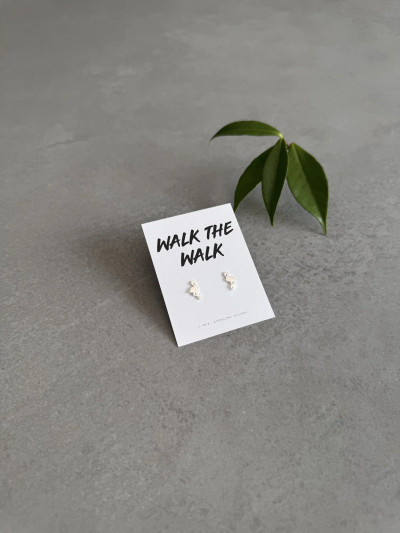 Sterling silver flamingo earrings on a 'Walk The Walk' message card.