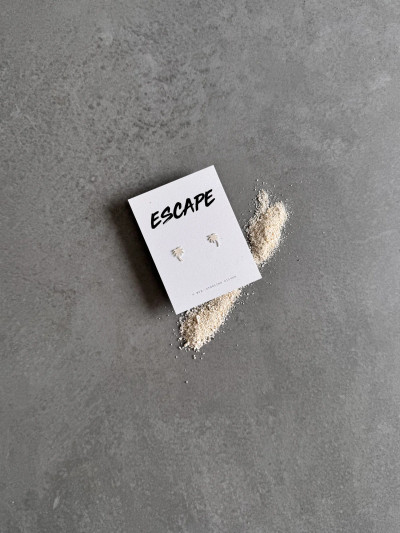 Sterling silver palm tree earrings on an 'Escape' message card. Sterling silver palm tree earrings on an 'Escape' message card.