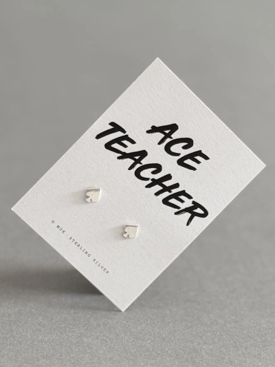 Sterling silver ace of spades earrings on an 'Ace Teacher' message card. Sterling silver ace of spades earrings on an 'Ace Teacher' message card.