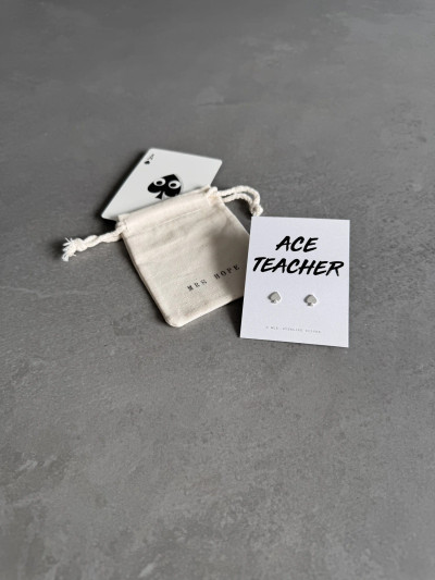Sterling silver ace of spades earrings on an 'Ace Teacher' message card. The earrings are shown with a personalised gift bag. Sterling silver ace of spades earrings on an 'Ace Teacher' message card. The earrings are shown with a personalised gift bag.