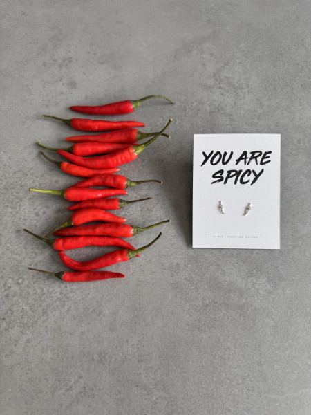 Sterling silver chilli earrings on a 'You Are Spicy' message card.