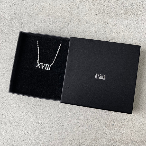 18th Birthday Roman Numeral Necklace with gift box that can be personalised