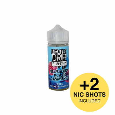 Double Drip Blueberry Sour Raspberry Shortfill E-Liquid on a White Background + 2 Nic Shots Offer