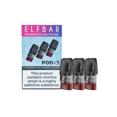 Three Elf Bar Mate 500 refillable pods and the packaging Three Elf Bar Mate 500 refillable pods and the packaging