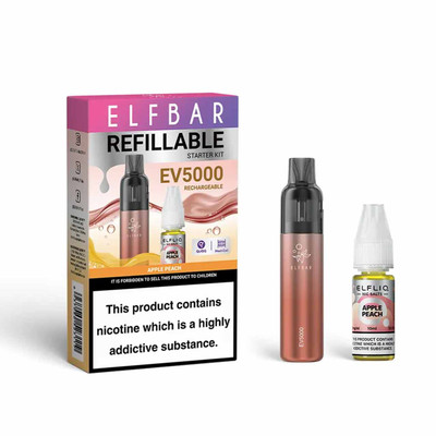 Elf Bar EV5000 Refillable Vape Kit With Apple Peach Elfliq Nic Salt E-Liquid