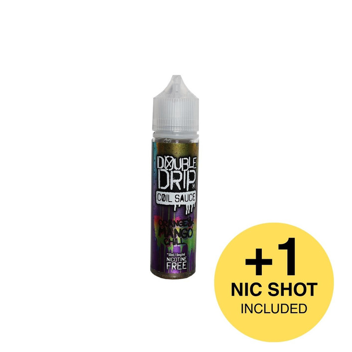 Double Drip Orange and Mango Chill Shortfill E-Liquid on a White Background with 1 Nic Shot