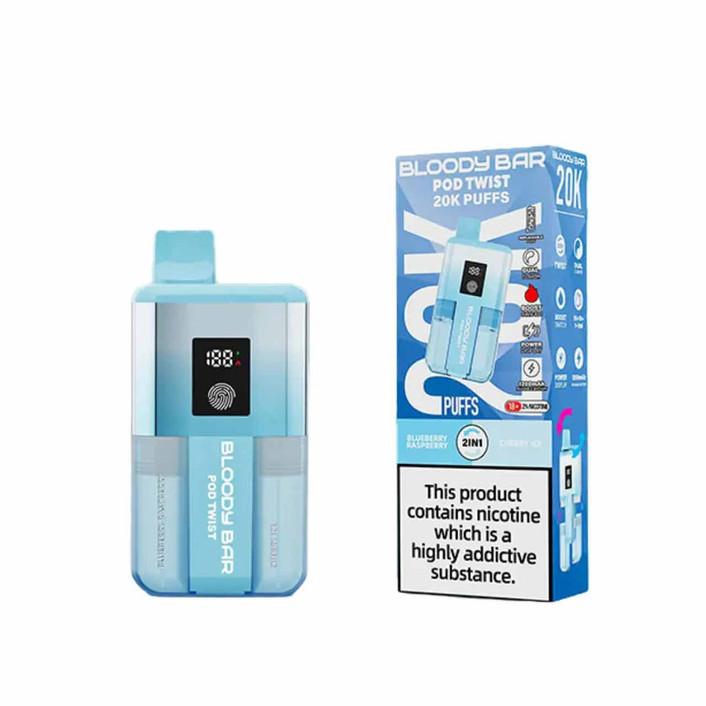 Bloody Bar Ultra Twist 20k blueberry raspberry and cherry ice white background