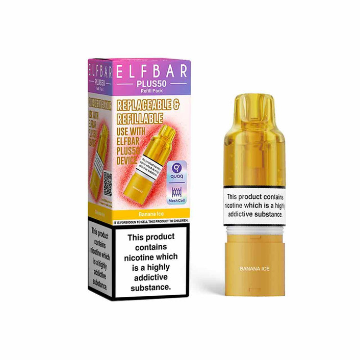 Elf Bar Plus 50 pod pack banana ice white background Elf Bar Plus 50 pod pack banana ice white background