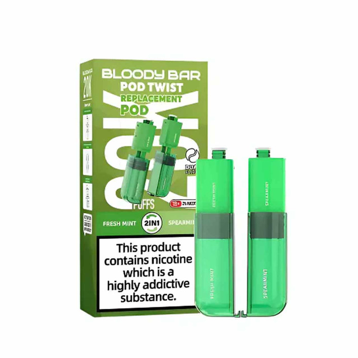 Bloody Bar Twist 20K fresh mint and spearmint pods plus packaging on a white background