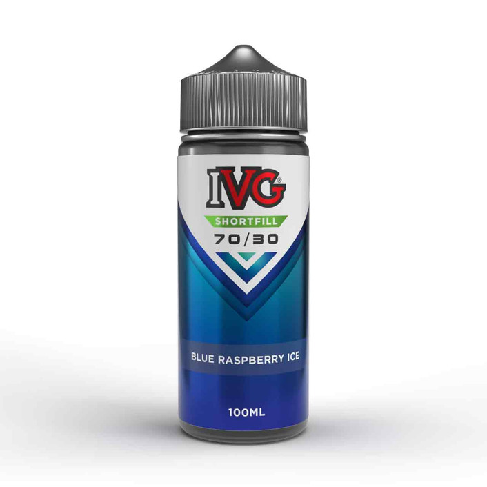 IVG 100ml Shortfill blue raspberry ice bottle on a white background