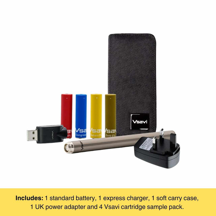 Vsavi Discovery bundle with Vsavi cartridges, soft carry case, express charger, standard battery and UK adapter