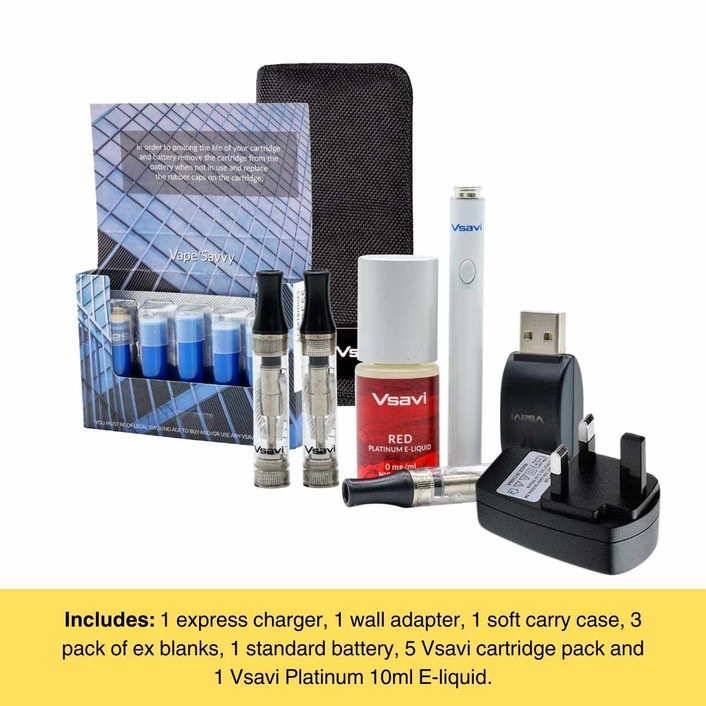 V2 Vsavi complete starter kit with Platinum vape juice, five cartridges, standard battery, soft case, charger and adapter on a white background.