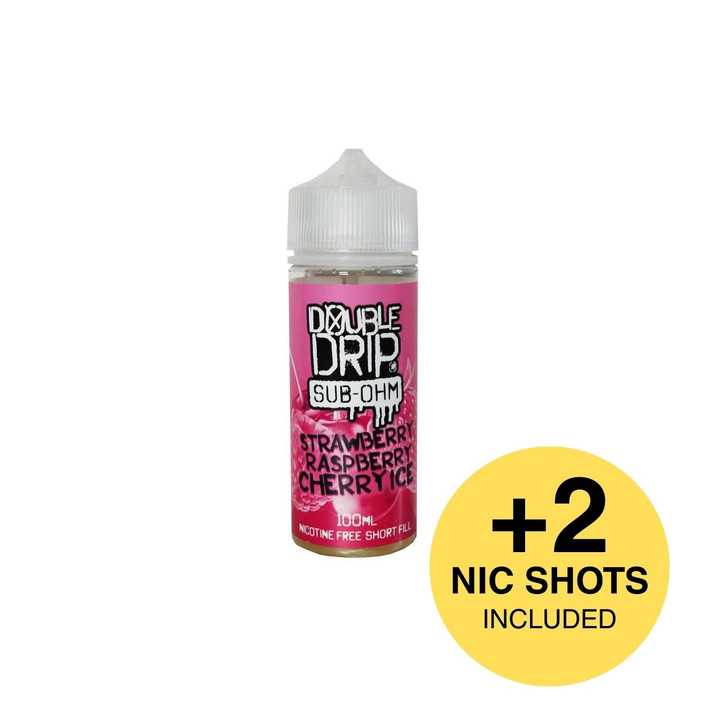 Double Drip Raspberry Cherry Ice Shortfill E-Liquid on a White Background + 2 Nic Shots Offer