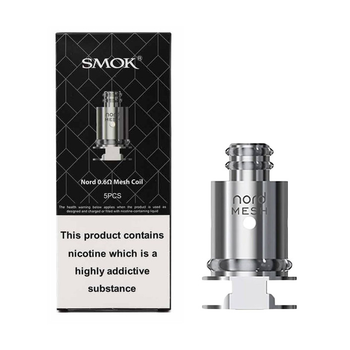 Smok Nord Replacement coil 0.6 Ohm Mesh DTL with coil and 5 Pack packaging on a white background