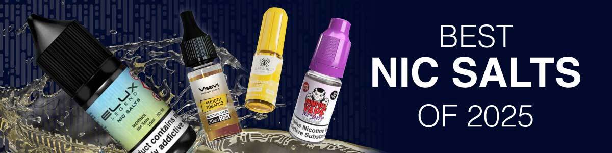 Best nic salts of 2025 banner showing Elux Legend, VSAVI, Vampire Vape and Elf Bar Elfliq nicotine salt vape juice bottles on a dark blue background.