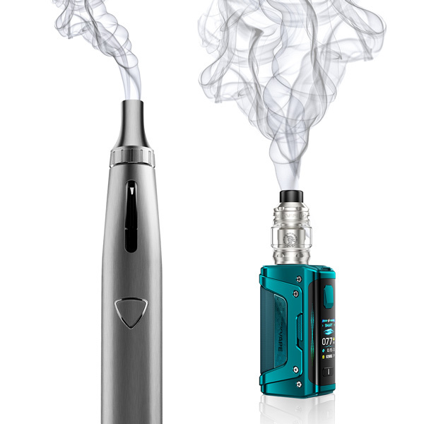 Comparison of a low-powered pod kit and a high-powered sub-ohm vape mod showing vapour output differences with high VG vape juice.