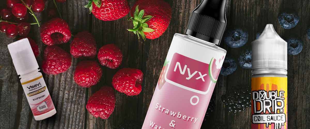 Vsavi Vsavi 100% VG vape juice, Nyx Shortfills and Double Drip on a colourful background banner featuring a mixture of real fruits.