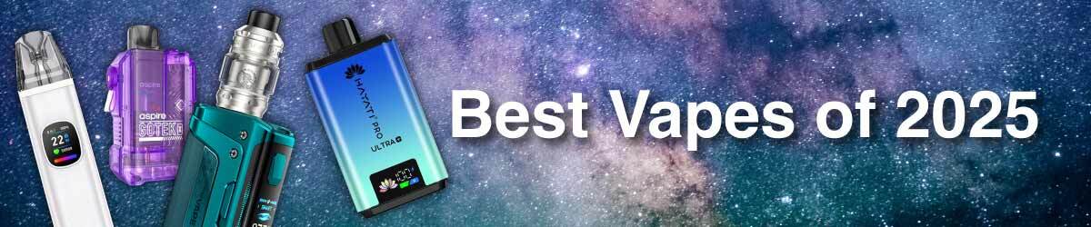 Collection of the best vape kits for 2025, including the Oxva Xlim Pro 2 DNA, Hayati Pro Ultra Plus 25K, Geekvape Aegis Legend 5 and Aspire Gotek X on a stary space background banner.