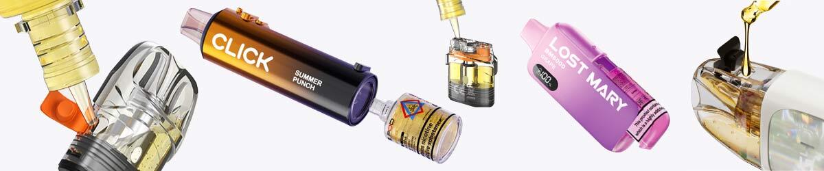Selection of refillable vapes and pods including Uwell Caliburn G4, Pyne Pod Click 50K, Aspire Pixo pods and Lost Mary BM6000, all being filled with e-liquid as alternatives to disposables on a white background.