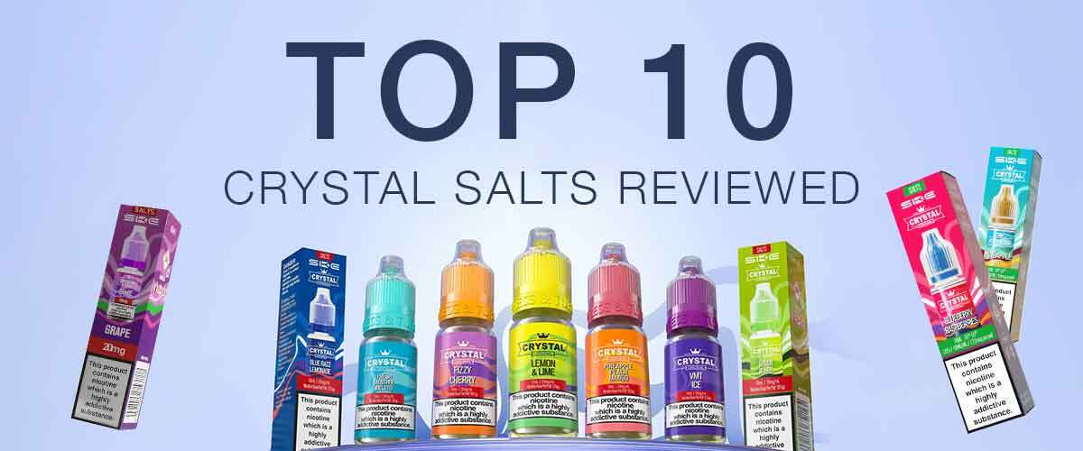 A selection of the top 10 SKE Crystal nic salts on a blue review banner featuring multiple SKE Crystal e-liquid bottles.