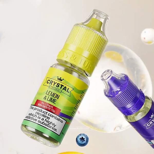 SKE Crystal original nic salt Lemon & Lime 10ml bottle on cream background with bubbles