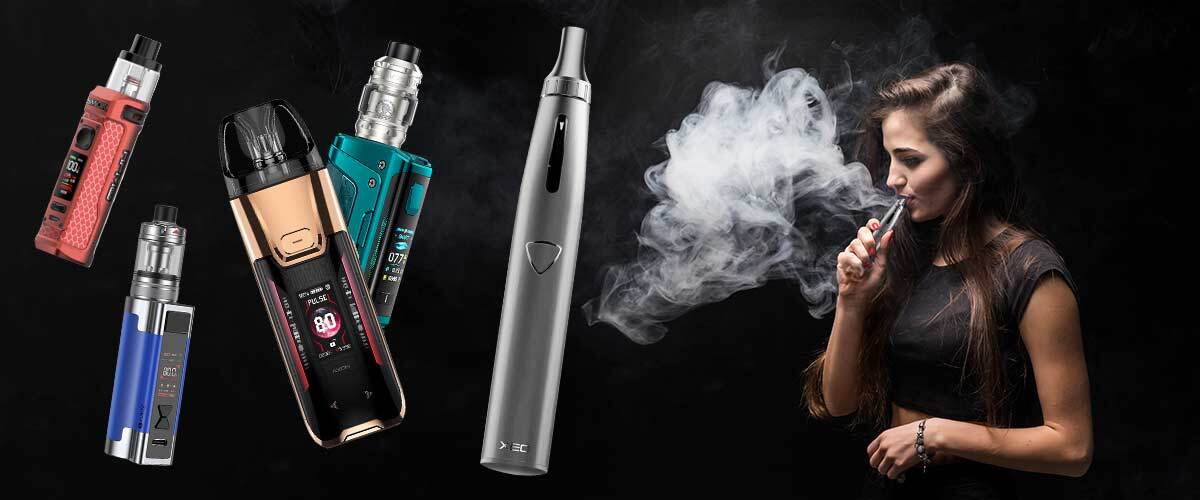 Mixture of vape mods including Xeo Void, Aspire Zelos 3, Vaporesso Luxe XR Max 2, Geekvape Aegis Legend 5 and Smok RPM 100 alongside man/woman vaping.