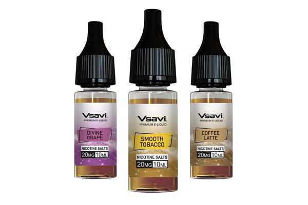 Three Vsavi nic salts including smooth tobacco, coffee latte and divine grape on a white background. Vsavi nic salts three popular flavours