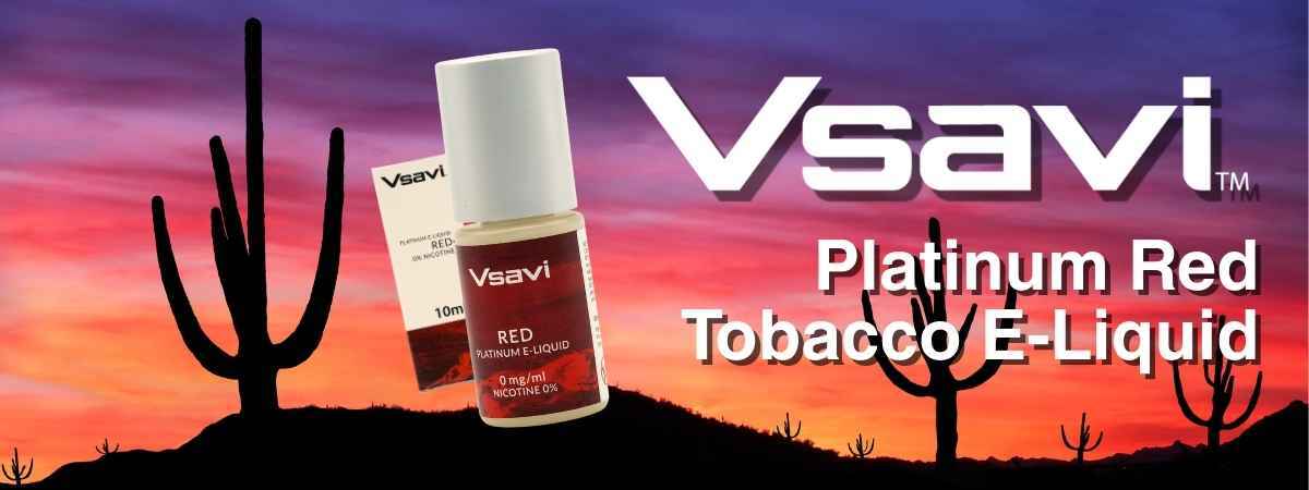 Vsavi Platinum red vape juice and packaging on a red desert themed background. Vsavi Platinum red tobacco vape juice bottle and packaging