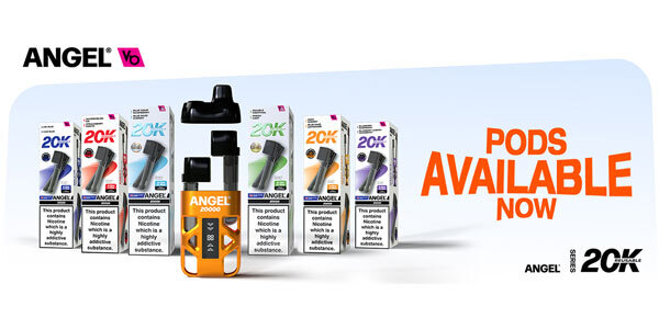 Angel 20K refill pods lined up with device promoting replacement pod availability A clear graphic banner showing the Angel 20K refill pod selection arranged in front of their flavour packaging beside the Angel 20K device.