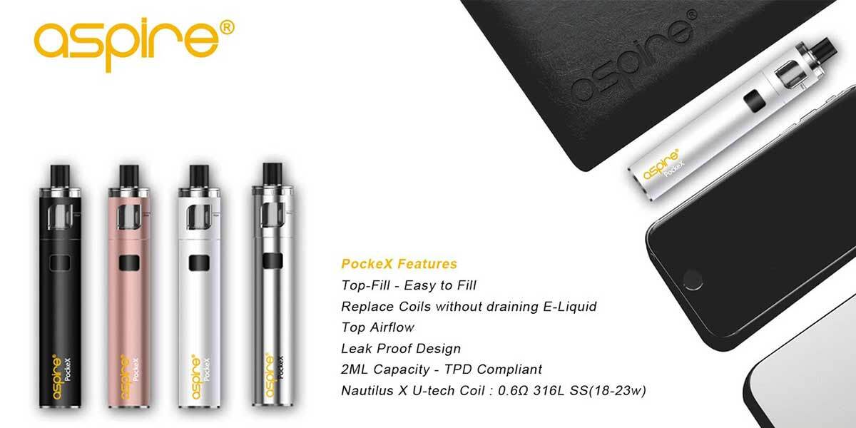 Aspire Pockex four vape kits and key features list on a decorative background.