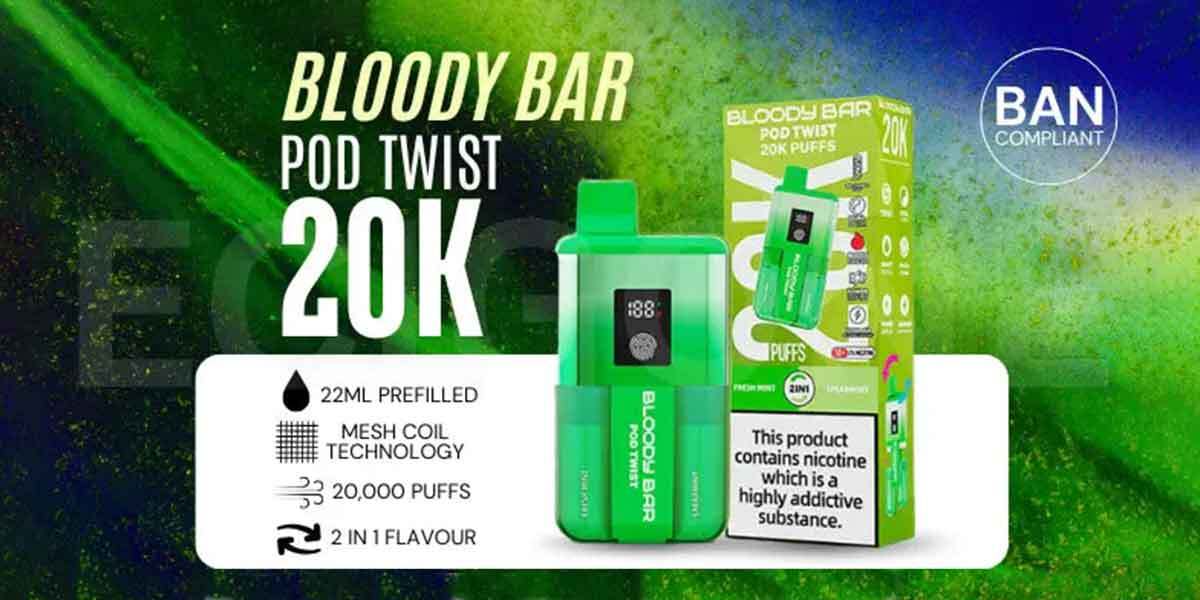 Image highlighting the key features of the Bloody Bar Pod Twist on a green background.