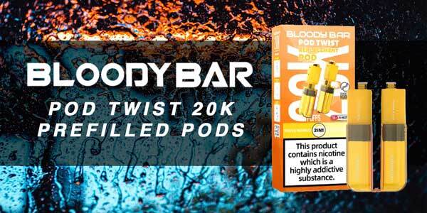 Bloody Bar Twist Ultra Pods with the packaging Bloody Bar Twist Ultra pods with packaging on a styled black background.