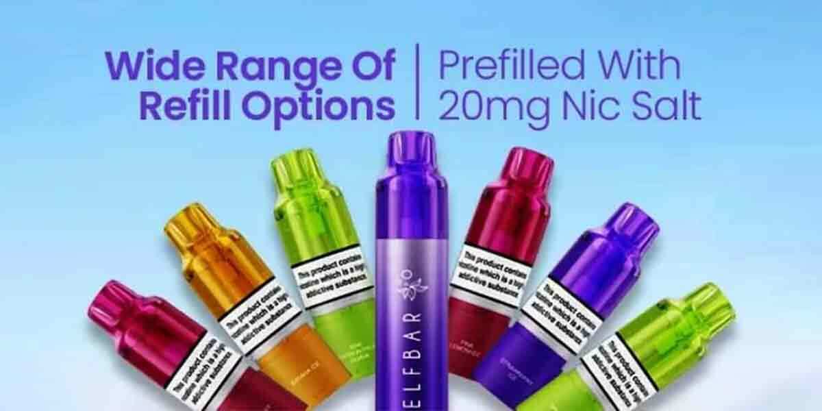 Mix of Elf Bar Plus 50 refill pods on a coloured background.