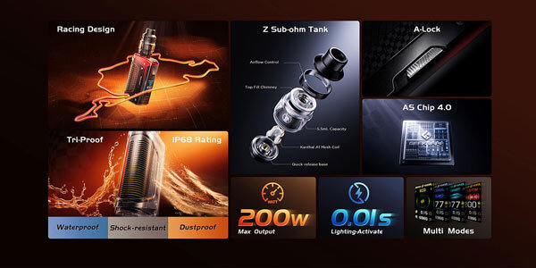 Geekvape Aegis Legend 5 on a decorative background higlighting the range of key features.