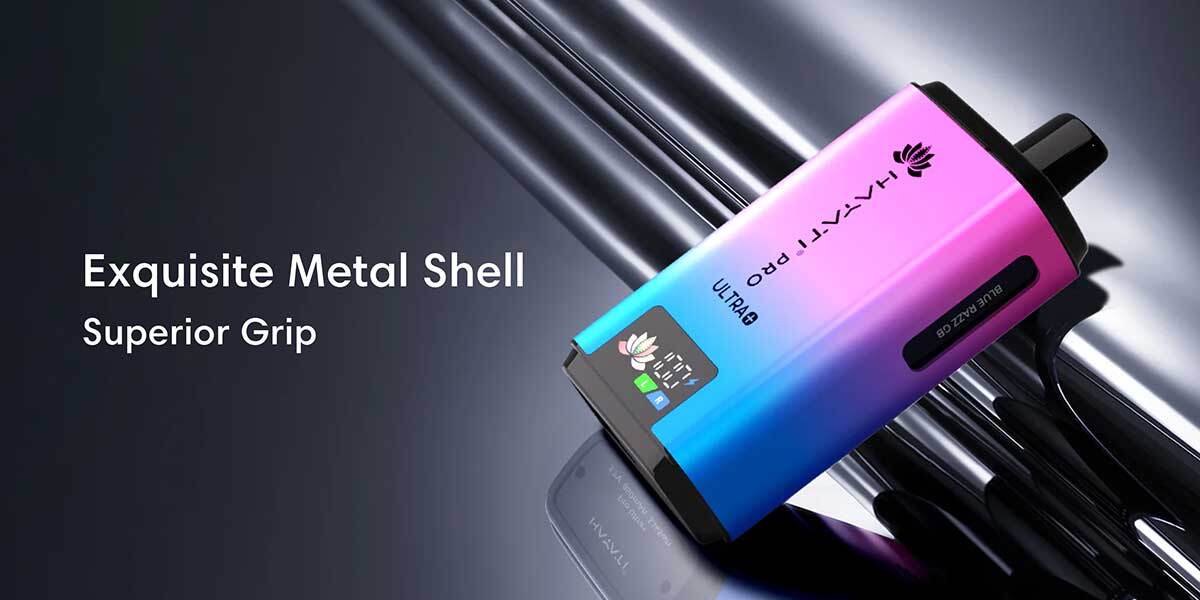 Hayati Pro Ultra Plus with 25000 puffs purple gradient device on a black background.
