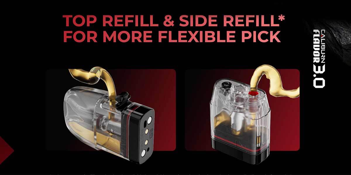 Side-by-side visuals of the Uwell Caliburn G3 replacement pods being filled via both top-fill and side-fill methods, highlighting the flexible refill options designed for user convenience and reduced spillage.