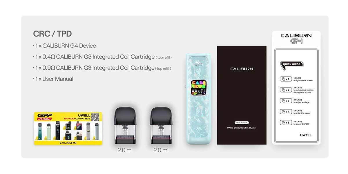 Full unboxed layout of the Uwell Caliburn G4 kit including the device, two top-fill G3 pods (0.4Ω and 0.9Ω), user manual, and quick start guide. Also shown: CRC/TPD compliance, 2ml pod capacity, and G-series pod compatibility chart.
