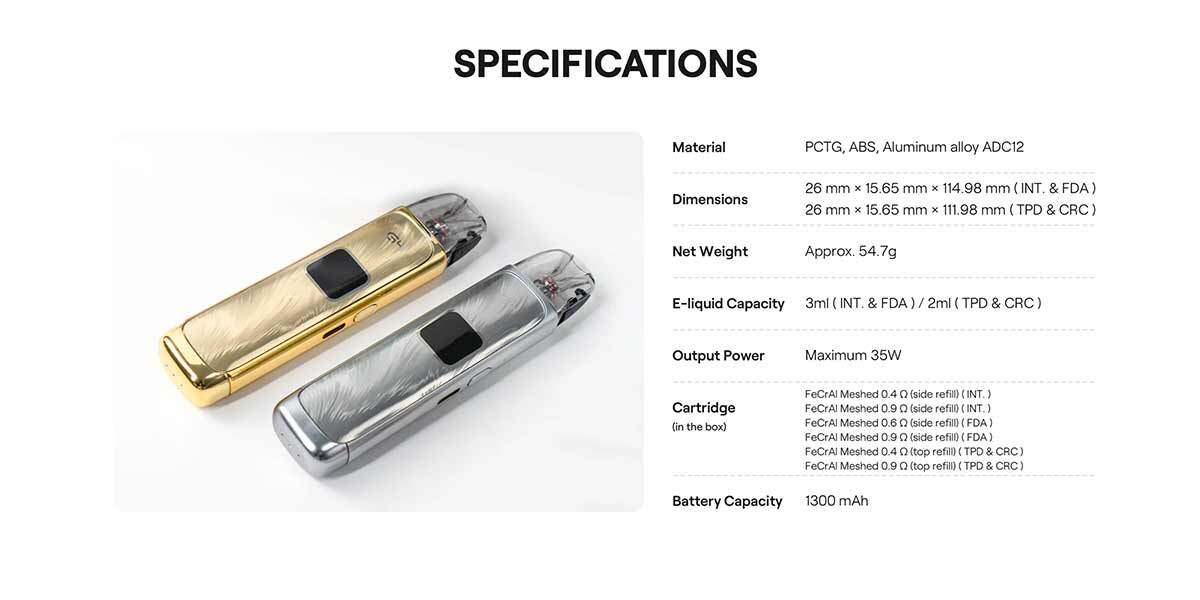 Side-by-side view of the Uwell Caliburn G4 kit in gold and silver, alongside detailed technical specifications including size, weight, material, e-liquid capacity, max power output, battery size, and included cartridge options.