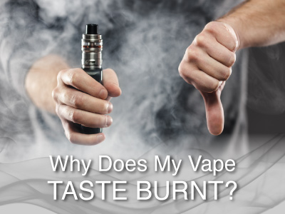 Vaper making disgusted face after burnt vape taste, low e-liquid notification error, vape suddenly tastes burnt - Why Does My Vape Taste Burnt?