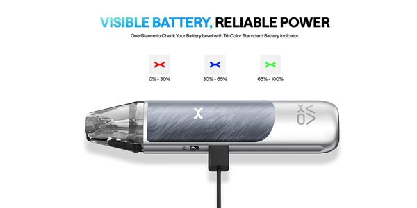 Oxva Nexlim Go kit with three battery levels highlighted by a colourful display.