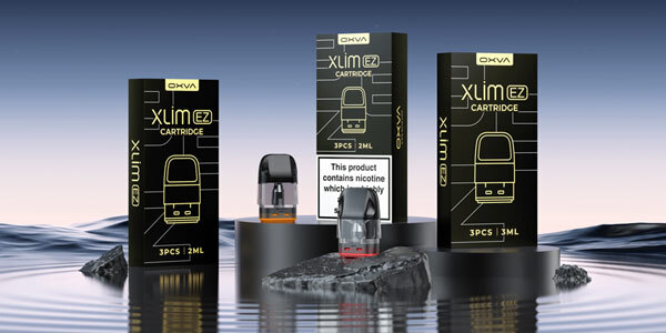 Oxva Xlim EZ vape pods and packaging on a colourful decorative background banner.