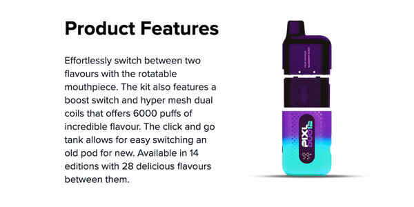 Pixl Duo 12 vape kit and pod deconstructed with key features highlighted on a white background.