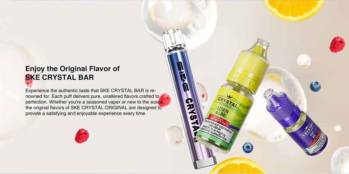 Ske Crystal vape juice bottles and Crystal Bar vape showcasing real flavour profiles like fruits and menthol.